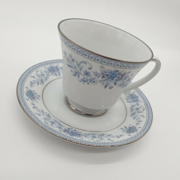 Cup Saucer Blue Hill 2482 Noritake China Tea Coffee Collection Silver Rim Blue - Picture 3 of 12